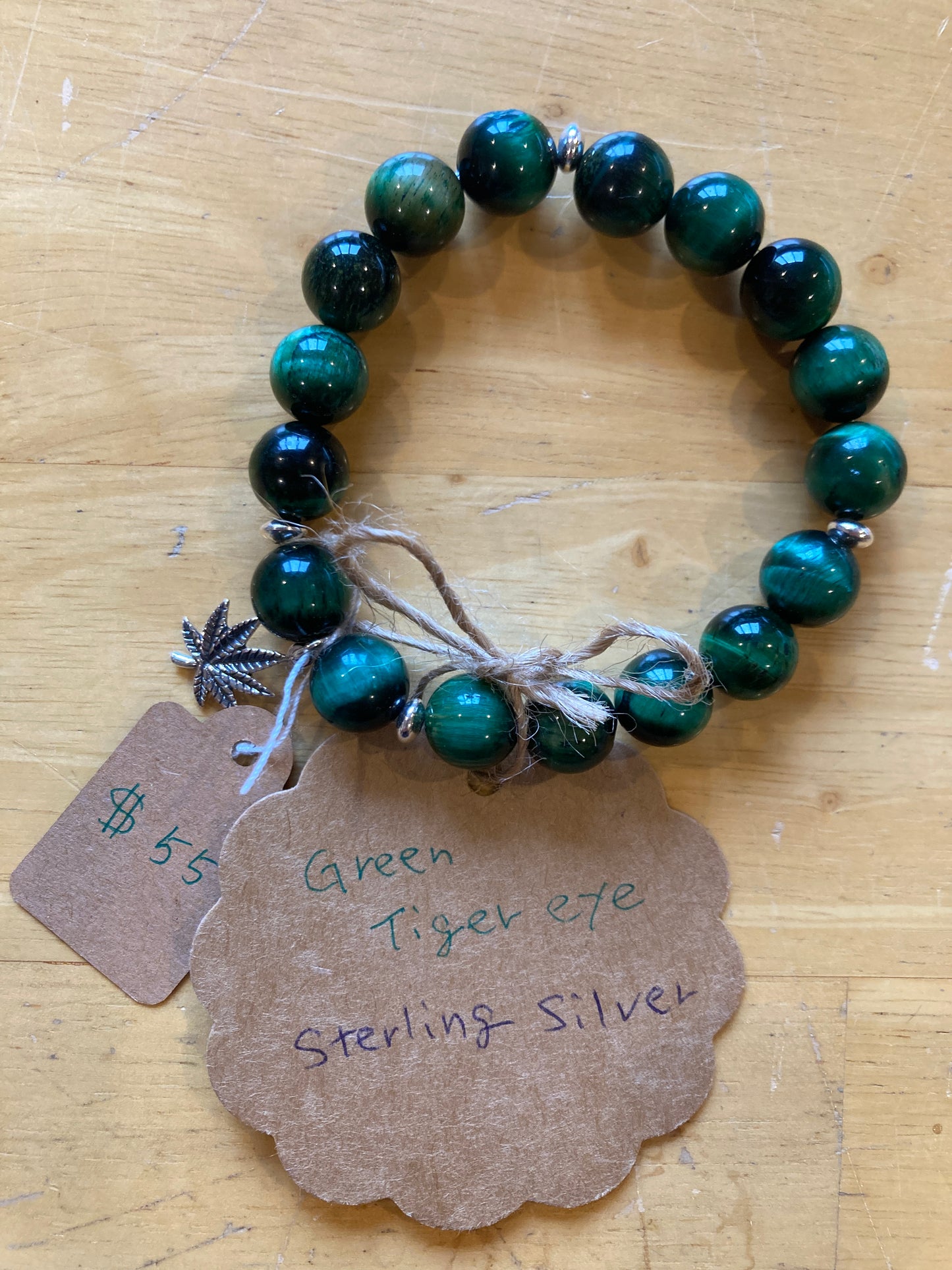 POWER STONE BRACELET 55: Hand-crafted Pot Leaf Power Stone Bracelet with Green Tiger-eye and Sterling Silver Charm